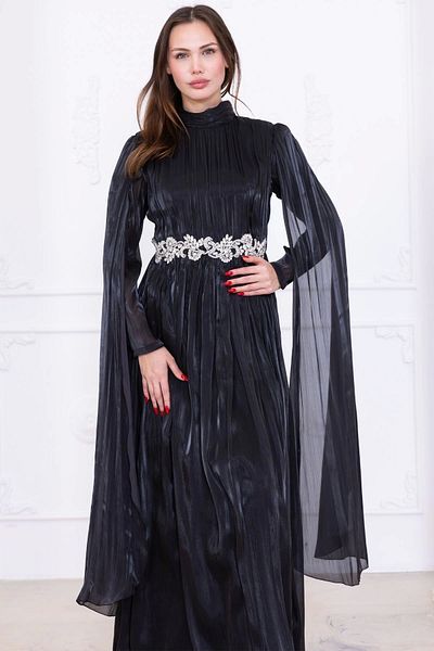 lodmela Evening Dress with Stone and Cape Detail 2753-Black
