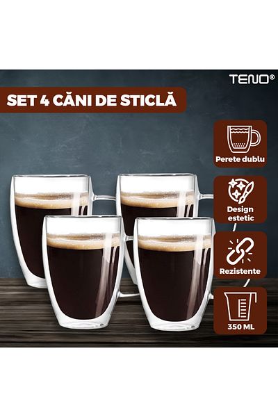 Teno Set 4 Cani de Sticla cu Perete Dublu Teno®, model rotund, capacitate 350 ml, 12 x 9 cm