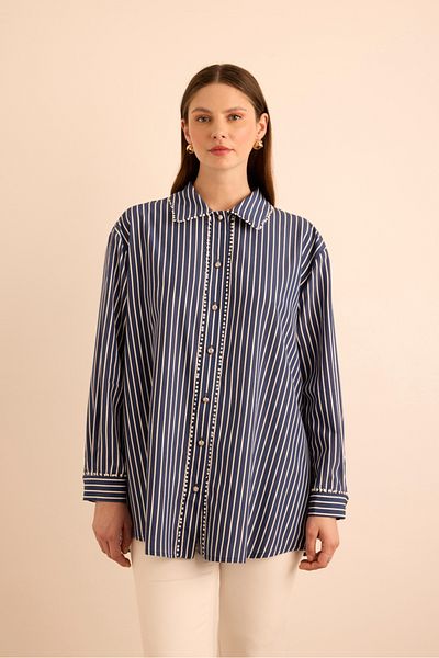 Aker Striped Viscon Blouse with Ball Stripe Accessory Detail