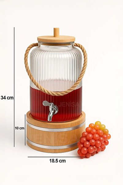Jenisa 3 Lt Ahşap Standlı Cam İçecek Sebili Musluklu Şerbetlik Sunumluk Halat Saplı İçecek Dispenseri
