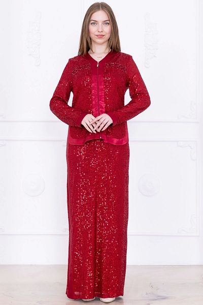 lodmela V-Neck Sequined Double Suit 4716-Burgundy