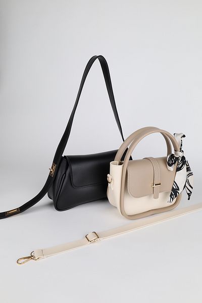 NOTHING Women's Black Minkcream Gold Lock Strap and Gold Accessory Scarf Gift Set of 2 Bags Alessamilan