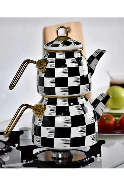 Pembelia Life Checkerboard Patterned Enamel Teapot Set Teapot Set