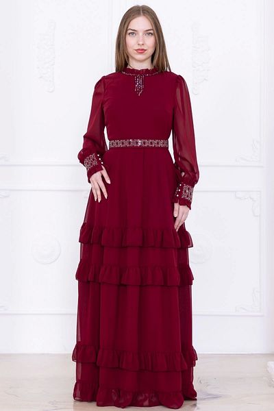 lodmela Collar Embroidered Stone Sleeve and Belt Detailed Layered Evening Dress 2756-Burgundy