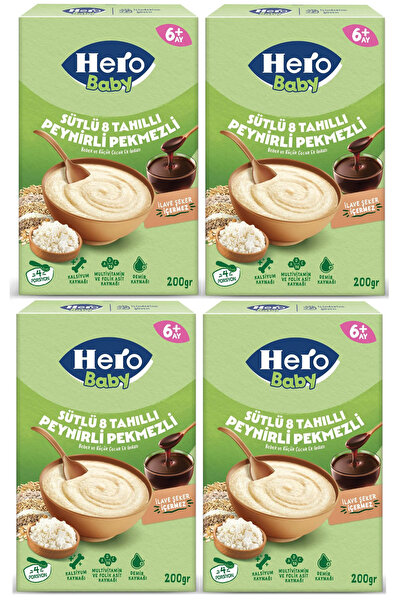 Hero Baby Sütlü 8 Tahıllı Peynirli Pekmezli Kaşık Mama 200GR 4`lü Avantaj Pak...