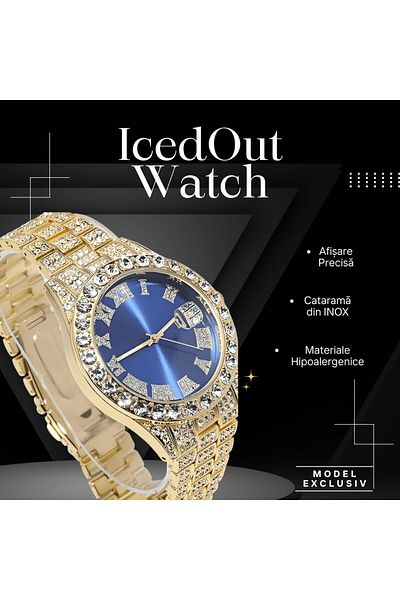 OEM Iced Out Watch, Zirconia, Unisex, Accessory For Adjustment, Gold-Blue