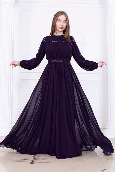 lodmela Embroidered Evening Dress with Gathered and Tie Detail 2761-Plum