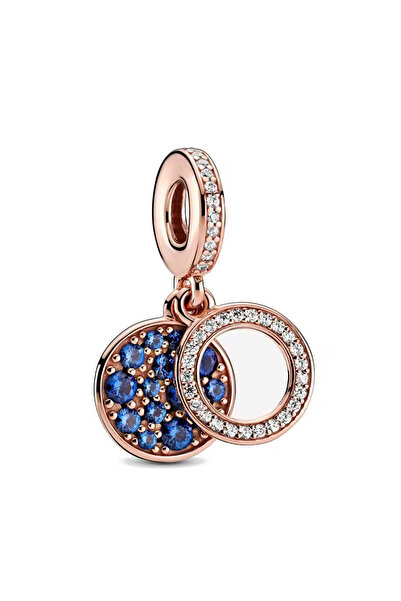 Fubena Rose Color Navy Blue Shining Double Disc Dangle Silver Charm