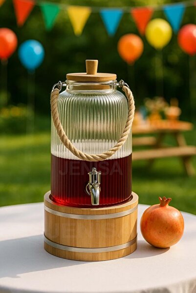 Jenisa 3 Lt Ahşap Standlı Cam İçecek Sebili Musluklu Şerbetlik Sunumluk Halat Saplı İçecek Dispenseri