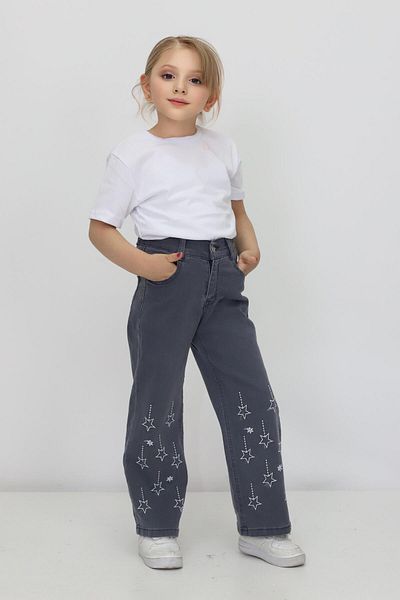 RAPİDO LİFE Girls' Jeans Pants Gray Star Embroidery Pipe Leg Daily Casual Jean Style Kids