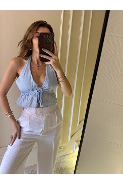 Chamakh Mavi Boyun Bağlamalı Keten Bluz