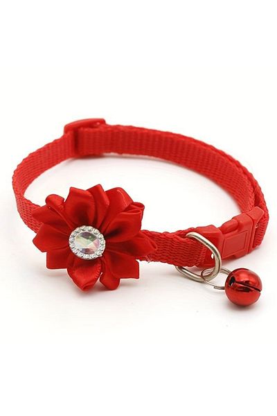 Ropet Adjustable collar with flower, for dogs and cats, 22-33cm/10mm, Red, Ropet