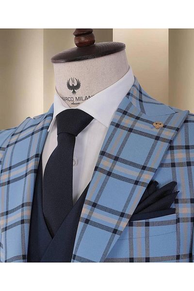 marco mılano Men's Suit, Blue with Black and Beige Checks, Slim Fit, Waist1