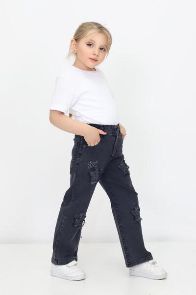 RAPİDO LİFE Kız Çocuk Kot Pantolon Jean Püsküllü Yıldız Detaylı Nakışlı Ayarlanabilir Lastikli Likralı Boru Paça