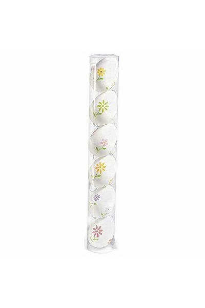 Decorer Set 6 decorative plastic hanging eggs white flowers 4x6 cm
