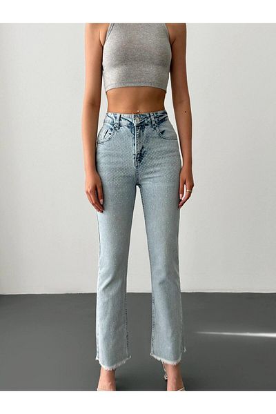 Coral Spanish Leg Jeans with Stones on the Front Light Blue