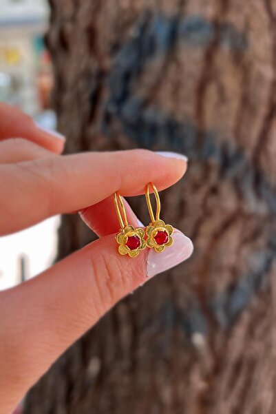 Erer Gümüş Gümüş Kırmızı taşlı çiçek model Çocuk küpe