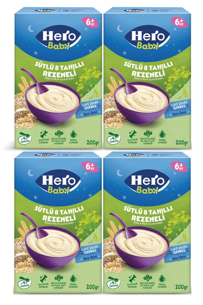 Hero Baby Sütlü 8 Tahıllı Rezeneli Kaşık Mama 200GR 4`lü Avantaj Paketi (800GR)