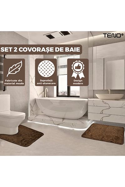 Teno Set 2 Covorase de Baie Teno®, model hexagoane, 50x40cm, maro