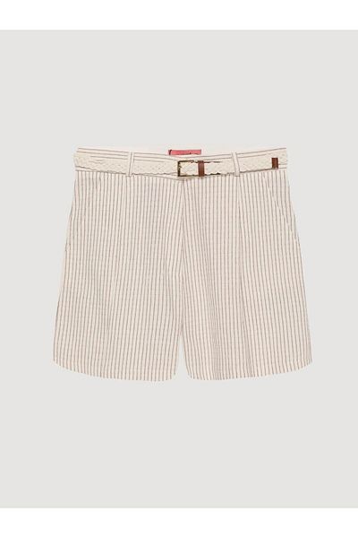 Coral Belted Striped Shorts Natural