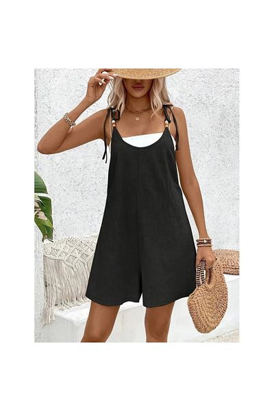 BAYAN Short Imported Linen Jumpsuit with Hanging Beads and Zipper on the Side