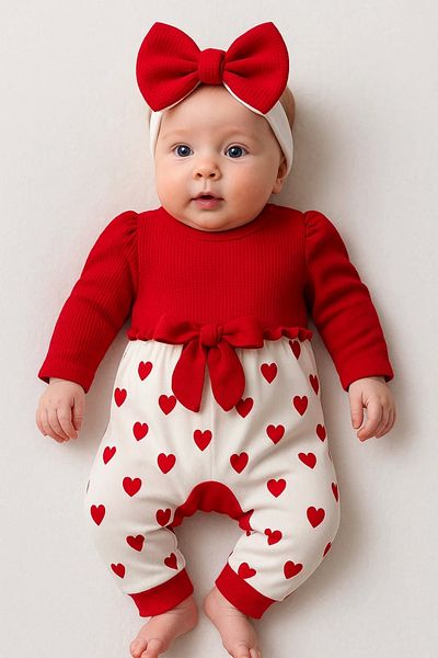 candar Red Heart Patterned Waffle Jumpsuit for Baby Girl 3-9 Months Set of 2