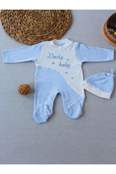 Mu Art Ahşap 0-3 3-6 Months Lucky Baby Embroidered Lined Hat Boy Baby Romper Blue