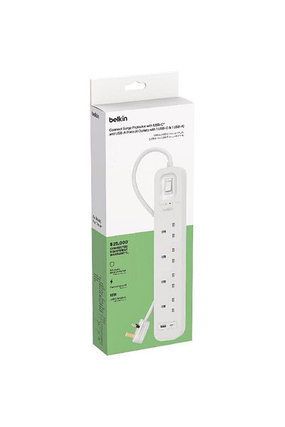 Belkin Surge Protector + USB Charger 4 Outlet 2 Port (1X USB/1X USB-C) 2.00 m ( 6.56 ft )