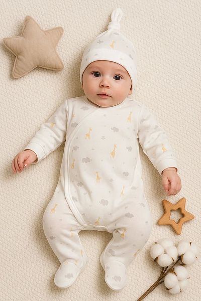 candar Giraffe Patterned 2 Piece Baby Boy Jumpsuit 100% Cotton