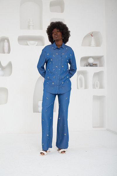 MİA NOURA Women's Front Beaded Pants Front Beaded Denim Jeans Set