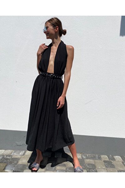 NİCE STYLE KADIN YAKA DETAY KEMERLİ AYROBİN ELBİSE