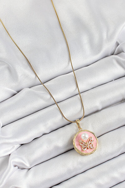 callerrons accessories Zincir Zirkon Taşlı Pembe Sanatsal Portre İnci Detaylı Kelebek Model Gold Renk Kadın Kolye - EBJ2506