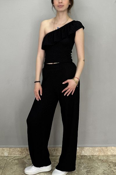 Tam Moda Women's Black Color One Shoulder Blouse - Pants Set