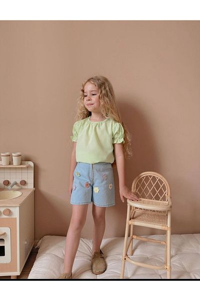 Patriko Girl's Flower Embroidered Denim Shorts T-Shirt Summer Fabric Bottom Top Set