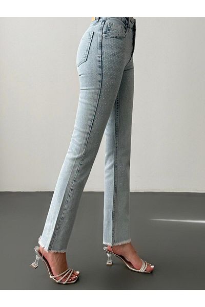 Coral Spanish Leg Jeans with Stones on the Front Light Blue