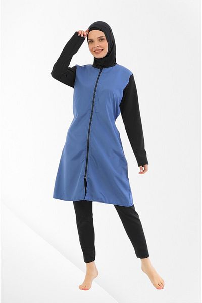 Pajama Shop Women's Black Blue Full Covered Front Zipper Quick Dry Dense Woven Fabric Long Sleeve Banded Swimsuit