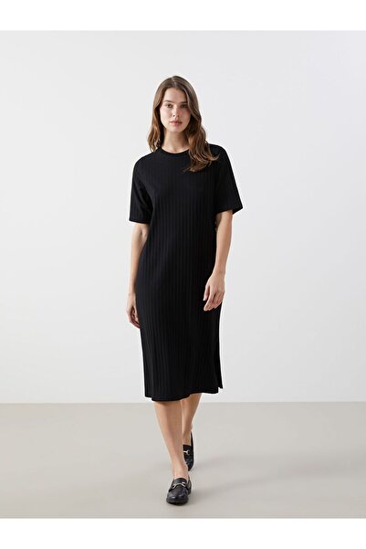 LC Waikiki Lcw Comfort Black Crew Neck Textured Women's Dress