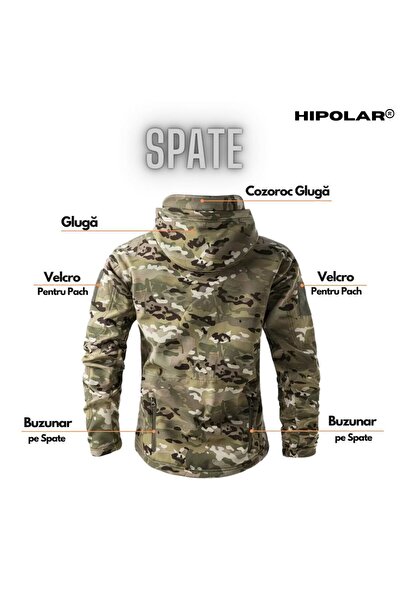 Hipolar Jachetă pentru toamnă-iarnă, mărimea M, softshell cu interior din fleece, camuflaj Multicam, impermeabilă