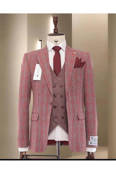 marco mılano Men's Suit, 3 Pieces, Slim Fit, Checkered, Waist 1