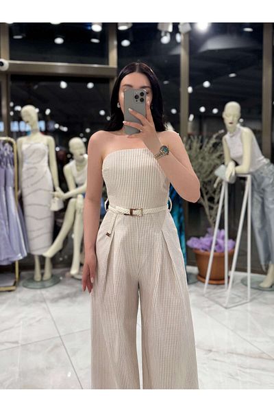 missswans Mirray Strapless Belted Striped Linen Jumpsuit Stone
