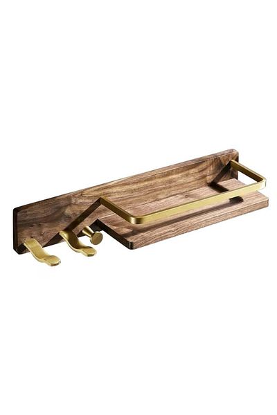 Kelelife Bathroom Shelf With Hairdryer Holder, Wood/metal, Brown/gold, 45 X 8 X 11.5 Cm
