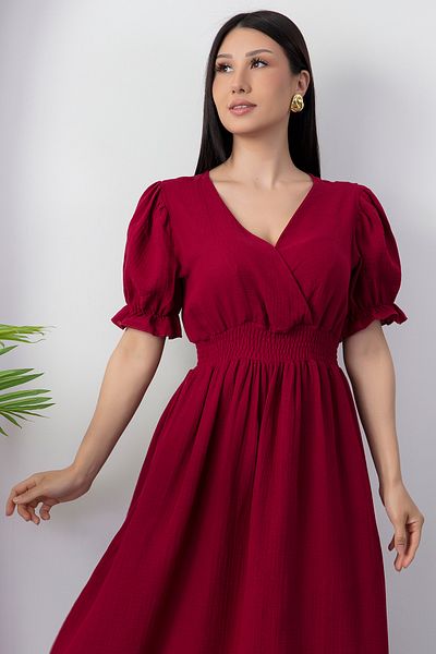 PULLIMM Double Breasted Collar Waist Gipeli Short Sleeve Dress Dks1292