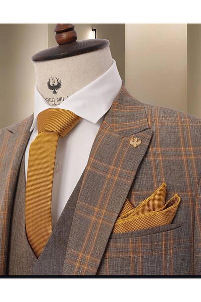 marco mılano Men's Suit, 3 Pieces, Slim Fit, Brown Checkered, Waist 1