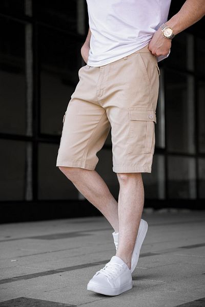 Pobudo Beige Color Cargo Pocket Gabardine Men's Shorts