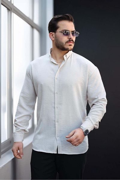 Valiberta Pera Fabric Linen Look Half Oversize Long Sleeve Men's Shirt - Stone