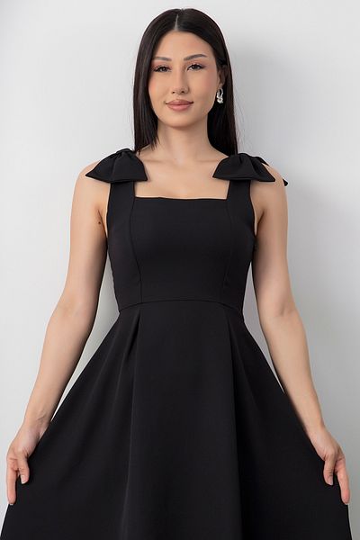 PULLIMM Square Neck Shoulder Bow Pleated Dress 2025-4185