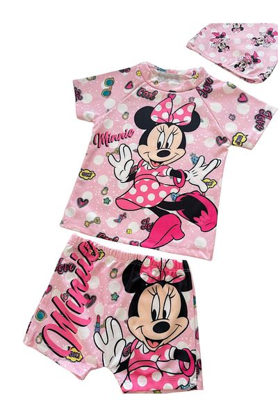 Şekerkids Girl's Pink Color Character Patterned T-Shirt Shorts and Checkered Swimsuit Set