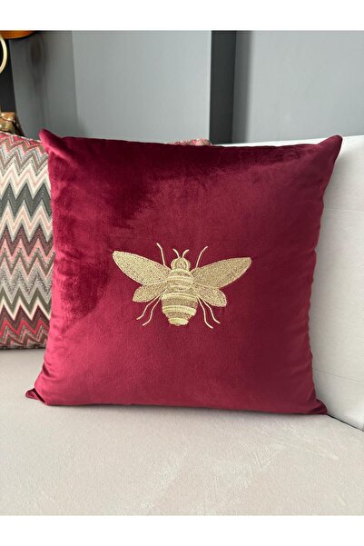 ref crea Bee Embroidered Throw Pillow Case Burgundy