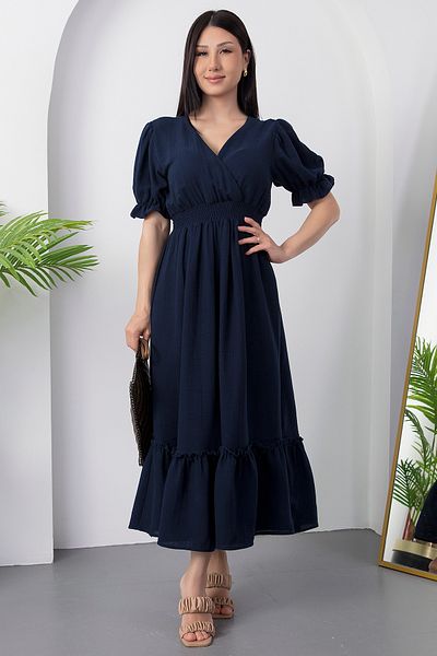 PULLIMM Double Breasted Collar Waist Gipeli Short Sleeve Dress Dks1292
