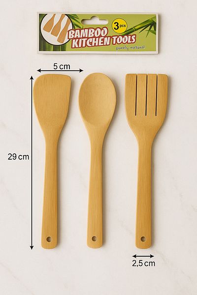 Çeşme Home 100% Natural Bamboo 3-Piece Kitchen Spoon and Spatula Set |   Eco-Friendly Durable Wooden Kitchen Utensils